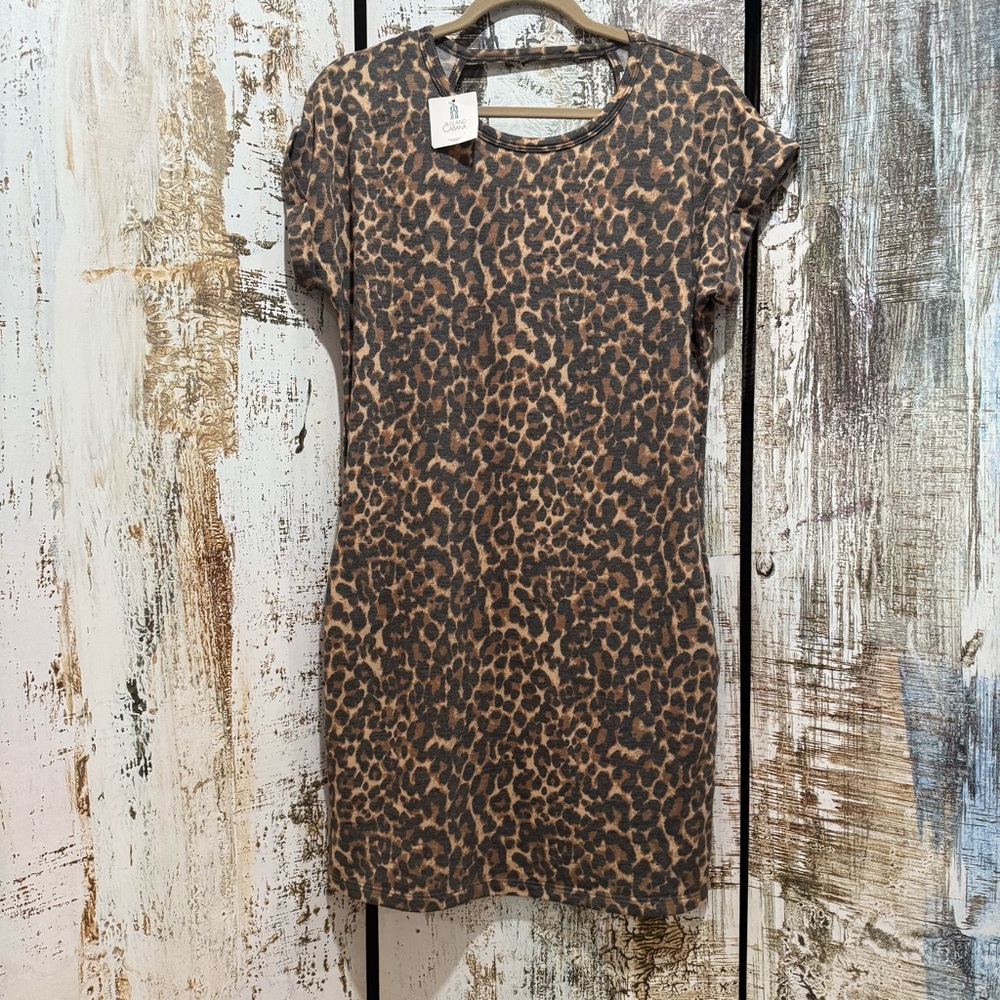 Open Back Leopard Print Bodycon T-Shirt Dress Brown Black Animal Print
